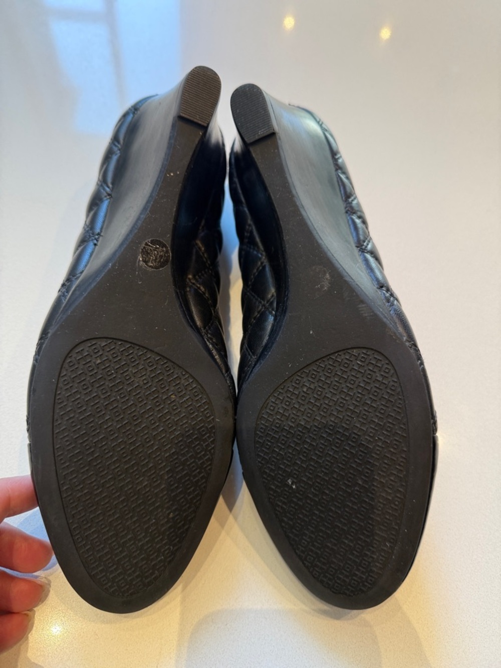 Tory Burch Black Quilted Leather Wedge Pumps with Gold Logo - Picture 11 of 11
